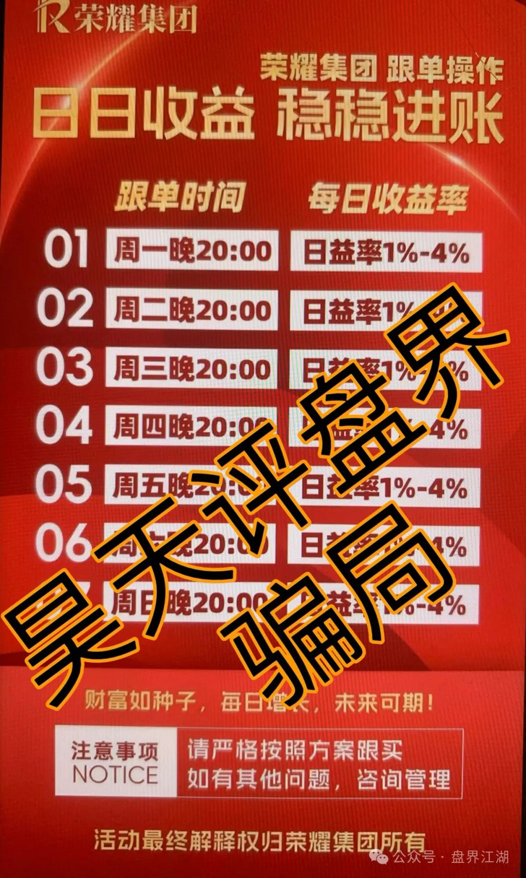【荣耀集团】典型的跟单类资金盘骗局，高度预警，看见一定要远离！插图1