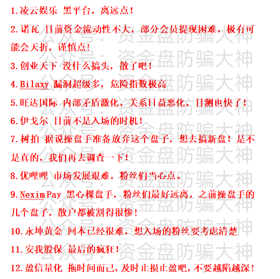 预警！凌云娱乐、诺瓦、创业天下、Bilaxy、旺达国际、伊戈尔、树拍、优哩哩、Nexim Pay、永坤黄金、安我股保、盈信量化