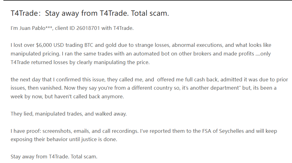 T4Trade外汇平台被曝异常报价？用户损失超6000美元，平台承诺退款后失联！
