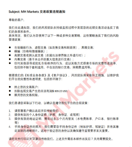 盈利佣金809美金被扣，理由竟是“亚盘交易违规”？MHMarkets出金还要签“自愿放弃协议”？插图1