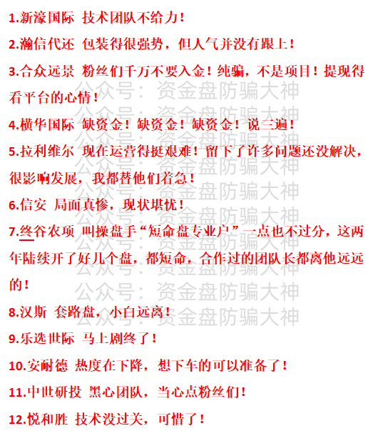 最新资金盘预警！新濠国际、瀚信代还、合众远景TGG、横华国际、拉利维尔、信安、终谷农项、汉斯、乐选世际、安耐德、中世研投、悦和胜
