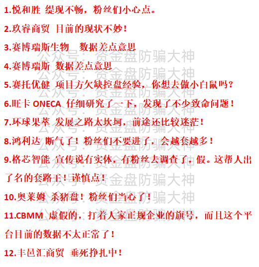 资金盘预警悦和胜、玖睿商贸、赛博瑞斯生物、赛博瑞斯、赛托优健、旺卡ONECA、环球果萃、鸿利达、格芯智能、奥莱姆、CBMM、丰邑汇商贸